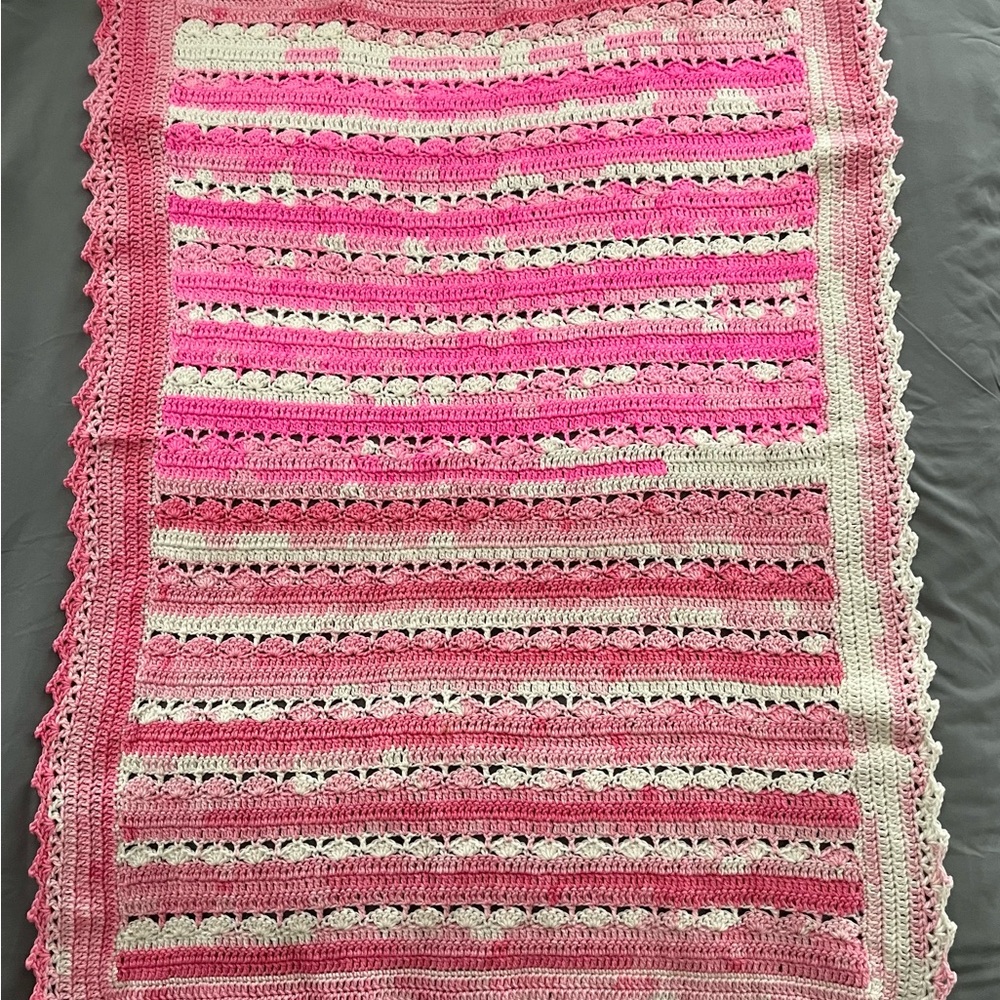 Handmade Pink and White Crochet Blanket